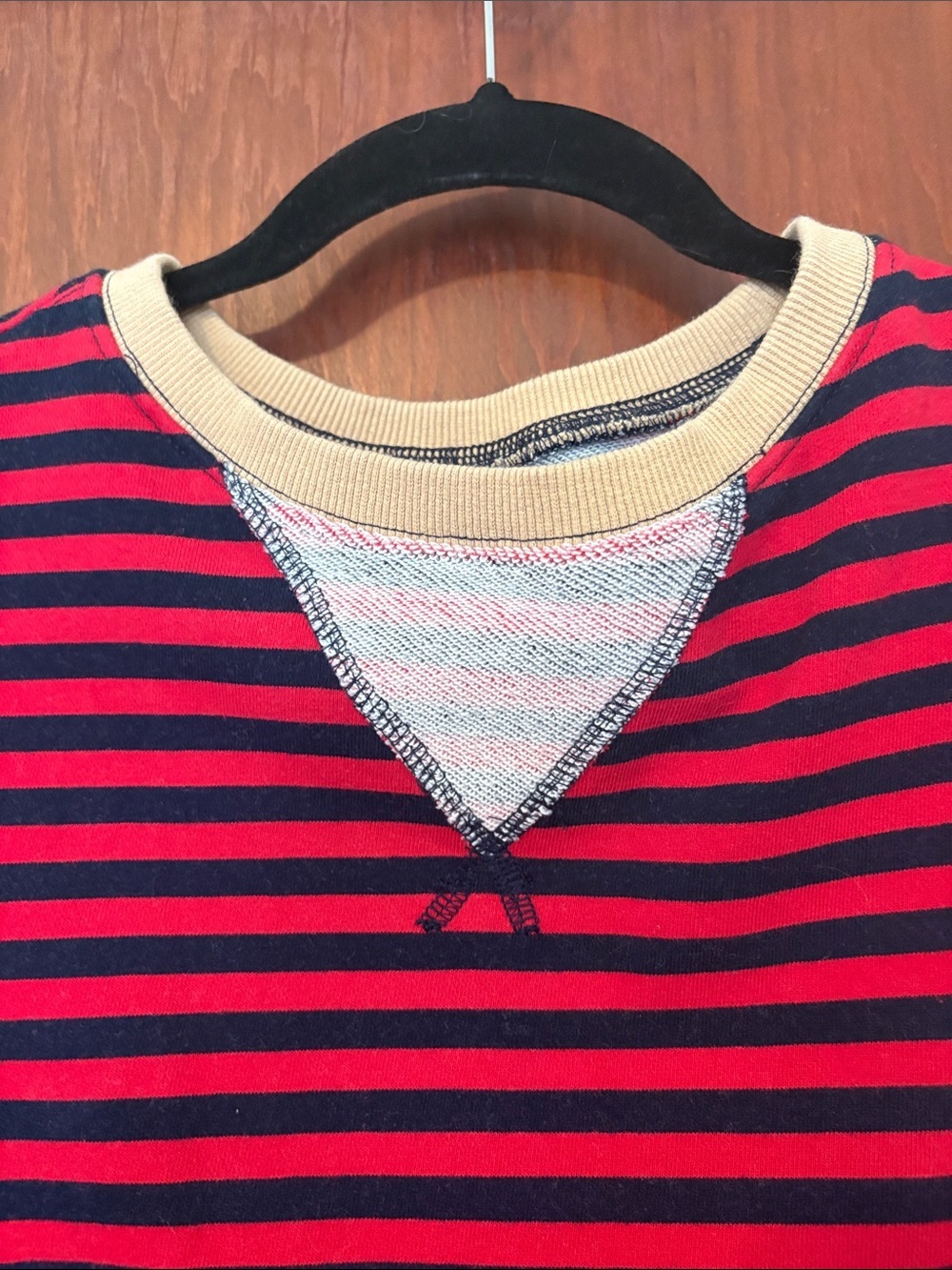 Women’s Red and Navy Striped Crewneck Sweatshirt with Khaki Trim - Picture 3 of 7